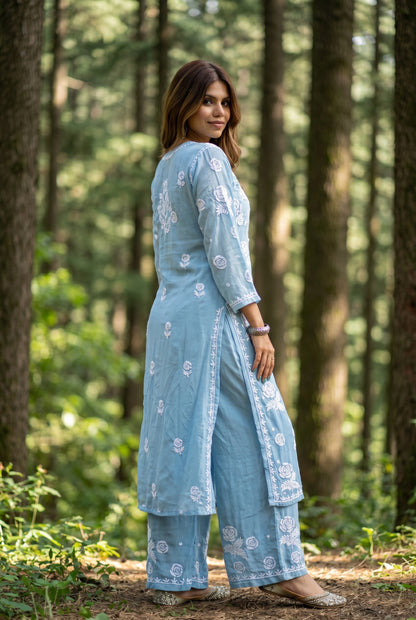 Rosy Muslin Chikankari Kurti Plazo Sets - Famous Chikankari