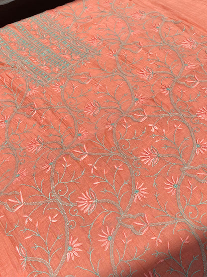 Peach Chikankari Jaalwork Mul Chanderi Unstiched Dress - Famous Chikankari