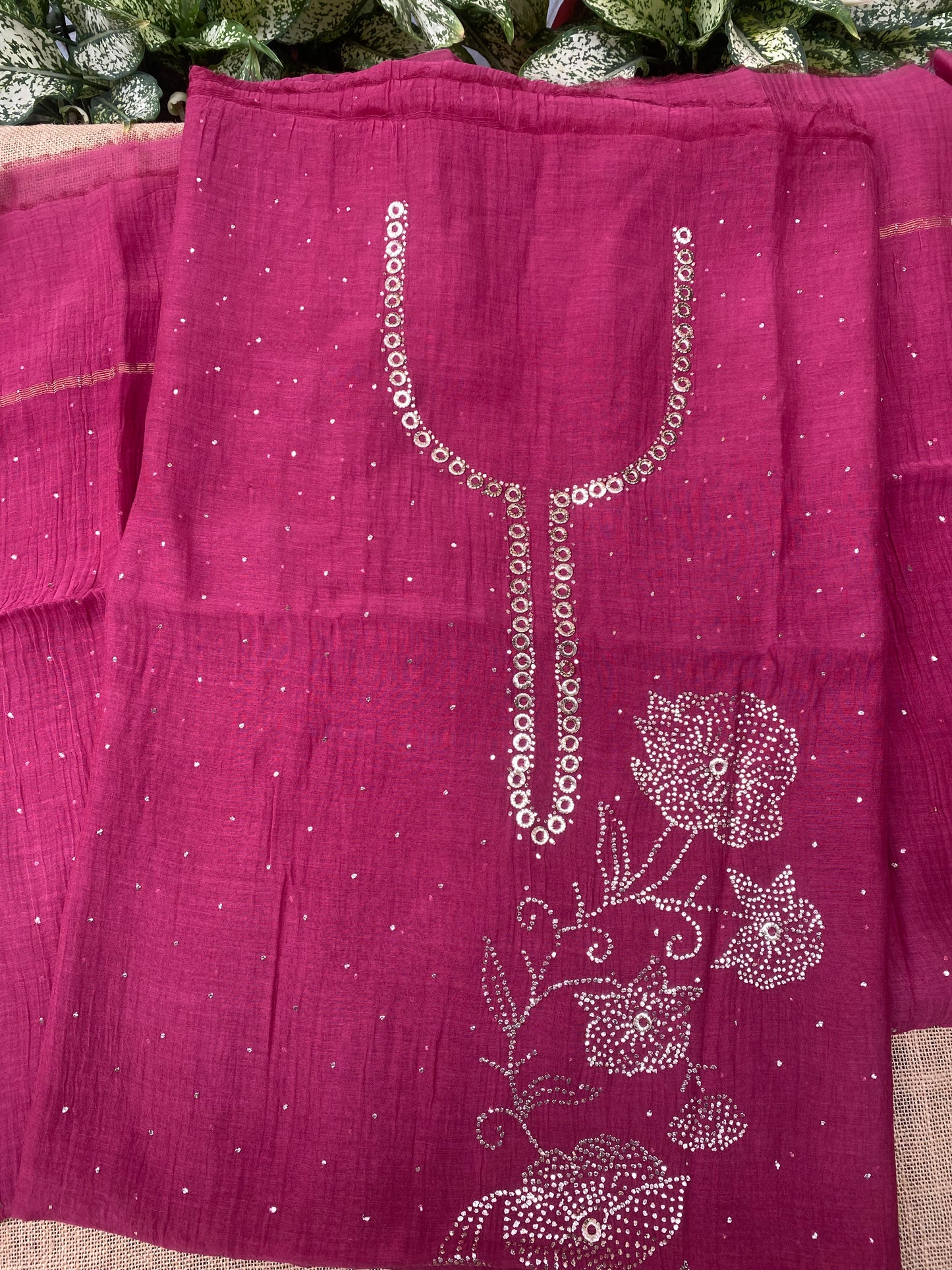 Roohani –  Magenta Pink Handcrafted Unstitched Mukaish Kurta Dupatta Set
