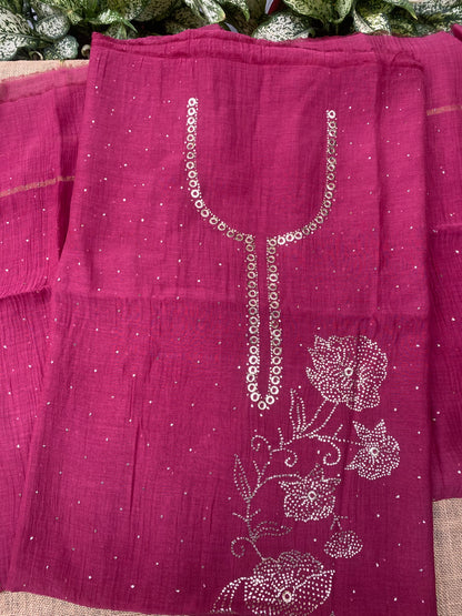Roohani –  Magenta Pink Handcrafted Unstitched Mukaish Kurta Dupatta Set