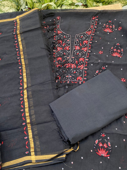 Black Mul Chanderi Chikankari Unstitched Dress Material - Famous Chikankari