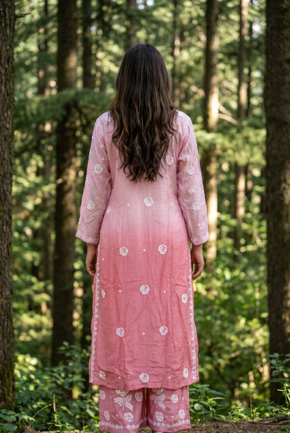 Rosy Muslin Chikankari Kurti Plazo Sets - Famous Chikankari