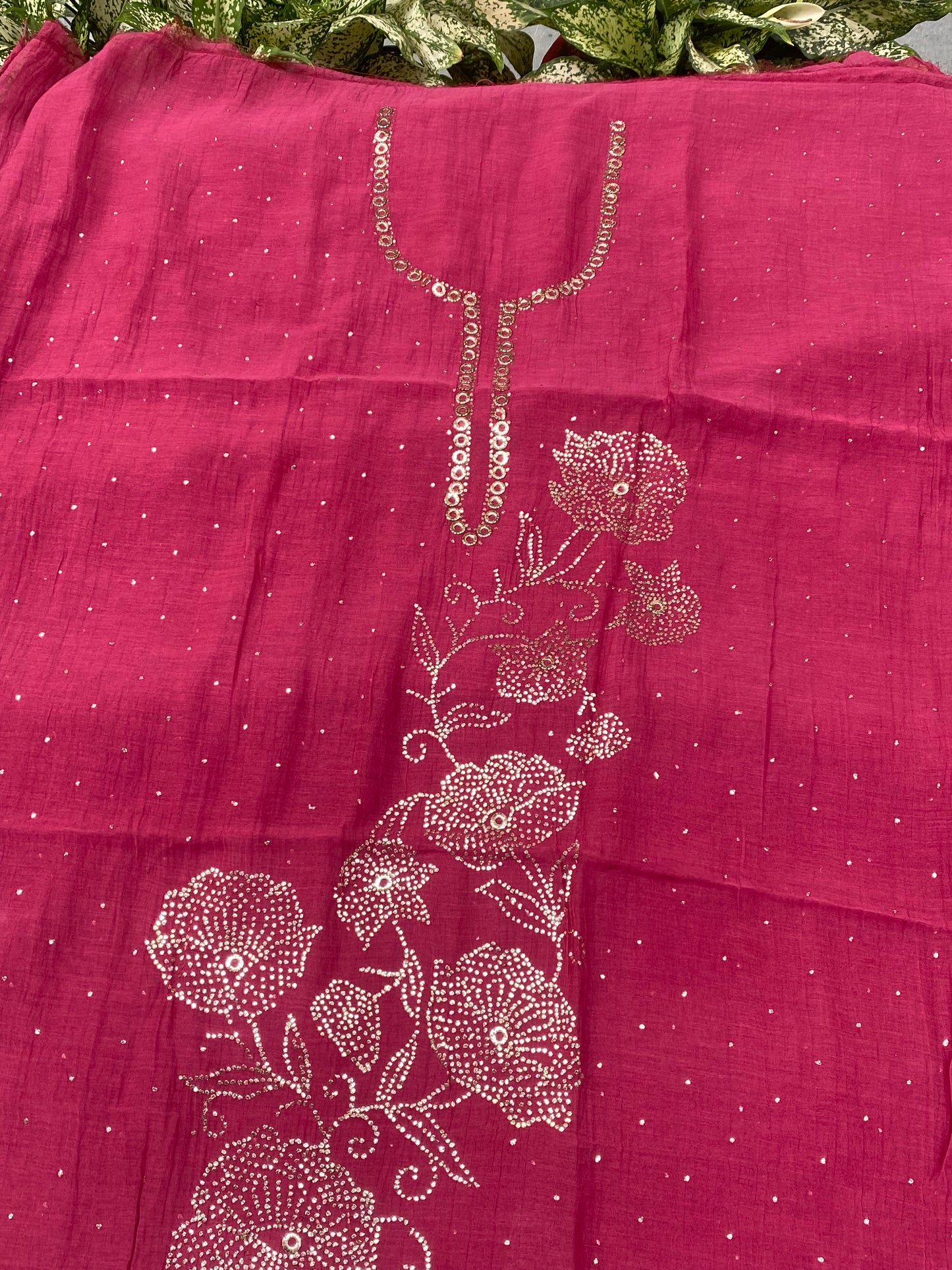 Roohani –  Magenta Pink Handcrafted Unstitched Mukaish Kurta Dupatta Set