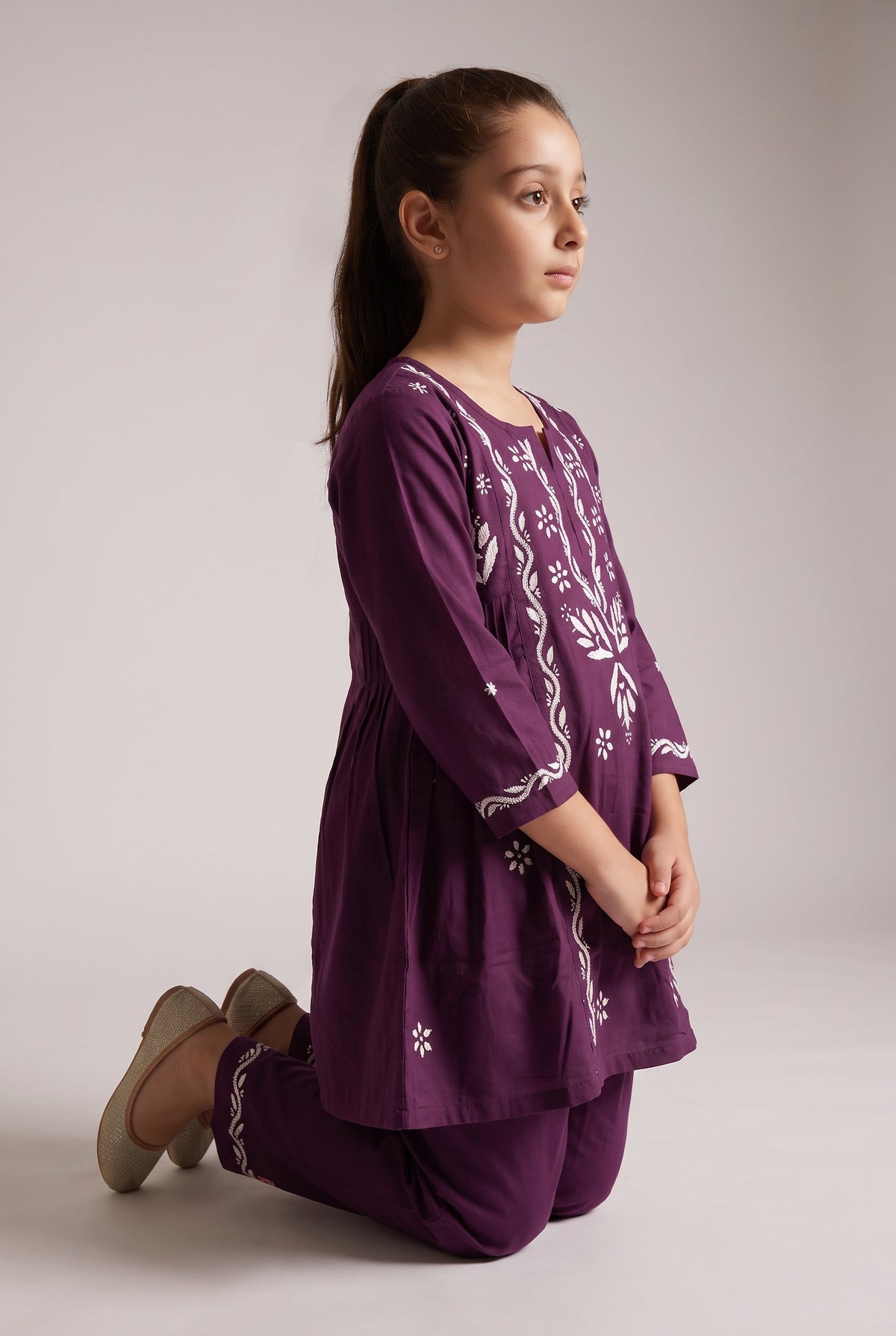 Little Jasmin - Dark Wine Chikankari Side Pleated Kidswear Set