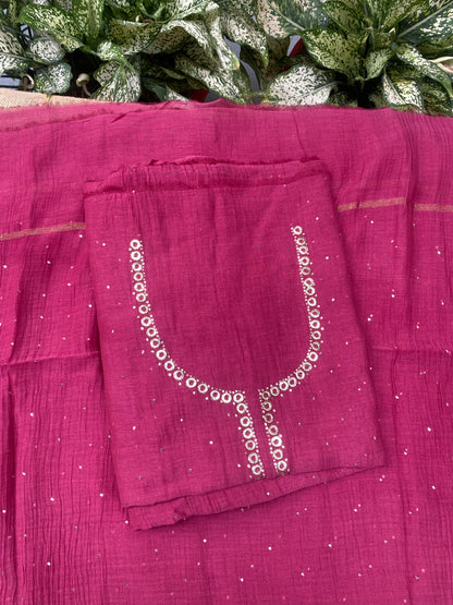 Roohani –  Magenta Pink Handcrafted Unstitched Mukaish Kurta Dupatta Set