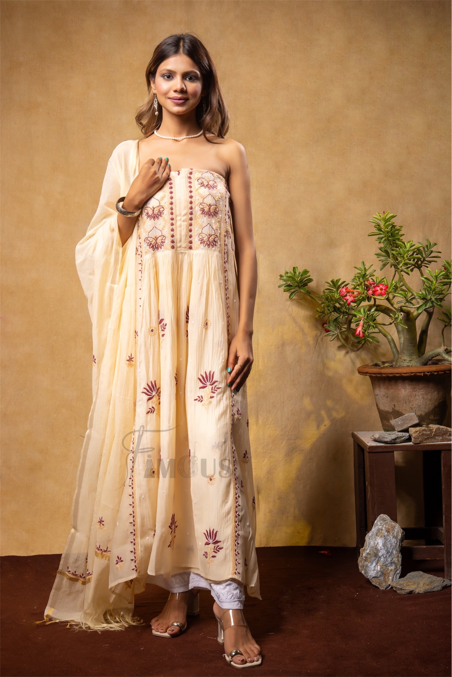The Haseena Gown | Exquisite Beige Chikankari & Zardozi Work in Mul Chanderi