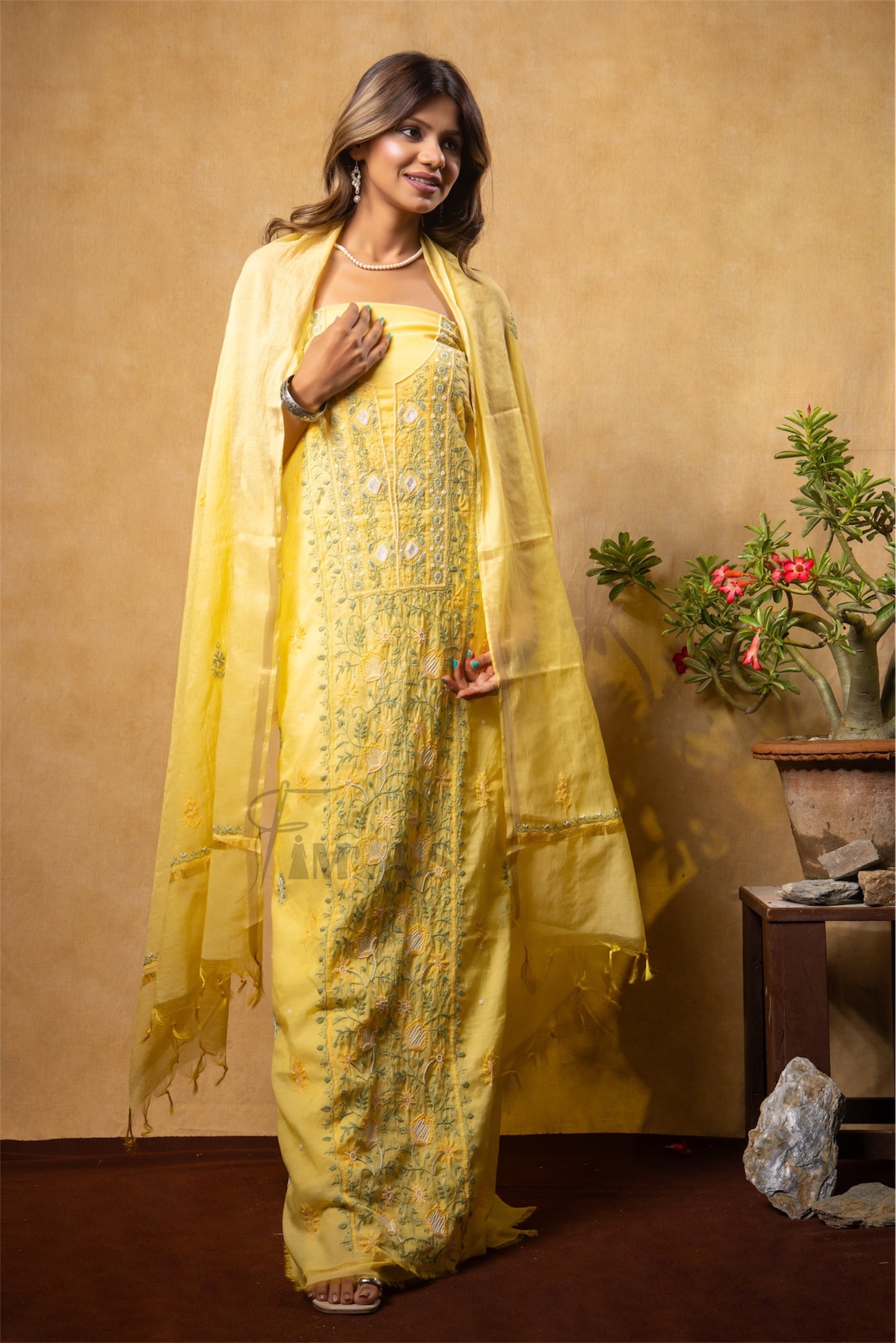 Zunaira Mul Chanderi – Unstitched Lemon Yellow Chikankari & Pearl Work Full Set