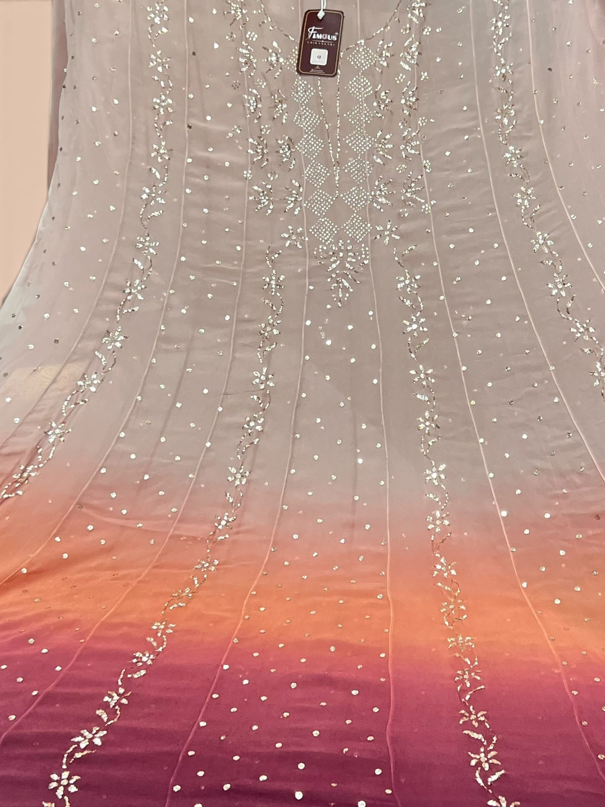 Noor e Mehfil - Semi-Stitched Tri-Colour Mukaish Anarkali with Dupatta