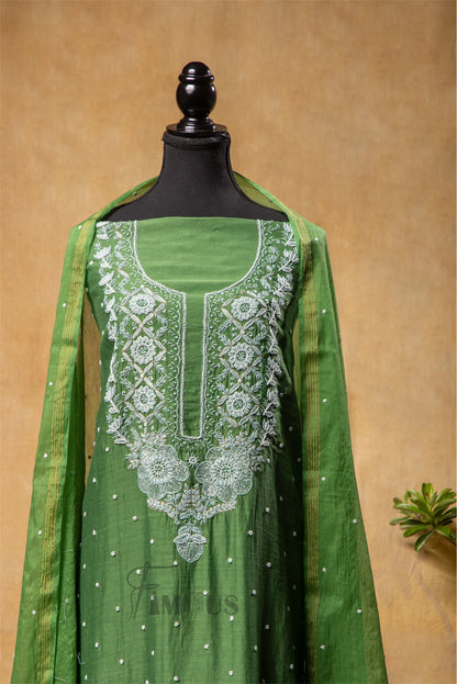 Zunaira Mul Chanderi – Unstitched Bottle Green Chikankari & Pearl Work Full Set