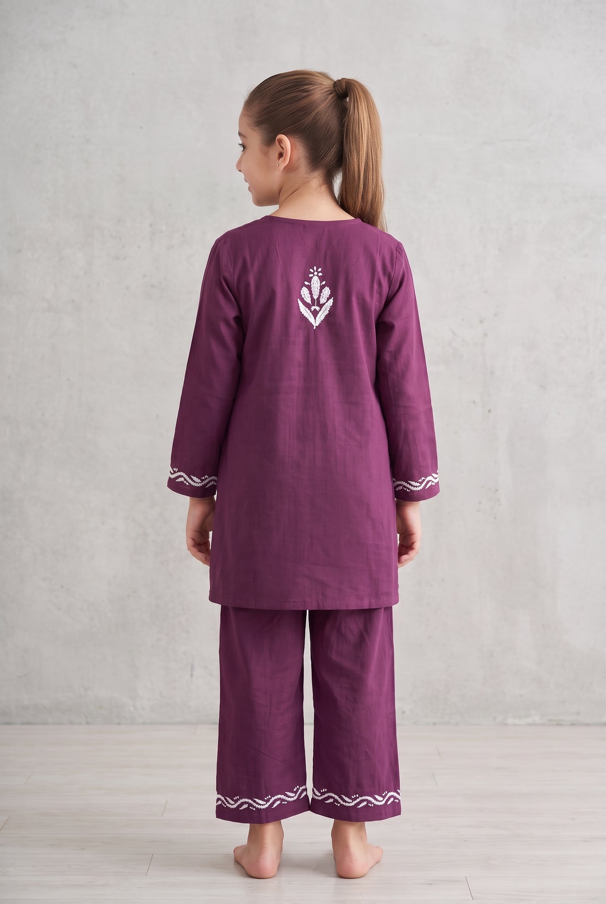 Little Jasmin - Dark Wine Chikankari Side Pleated Kidswear Set