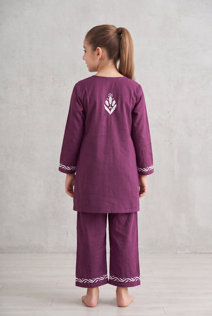 Little Jasmin - Dark Wine Chikankari Side Pleated Kidswear Set