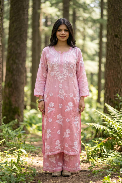 Rosy Muslin Chikankari Kurti Plazo Sets - Famous Chikankari