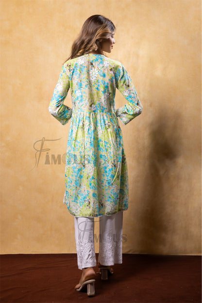 The Samira: Floral Mulmul Chikankari Kurti with Lace Accent|Leaf Green