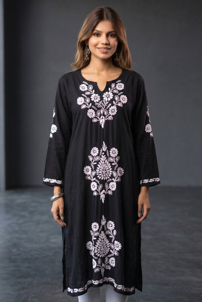 Nargis Chikankari White Embroidered Long Kurta - Black - Famous Chikankari