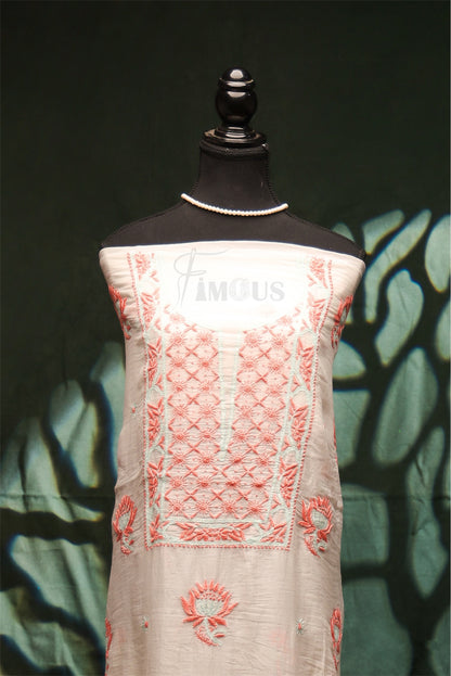 Zunaira Mul Chanderi – Unstitched White & Pastel Chikankari Kurta Dupatta Set