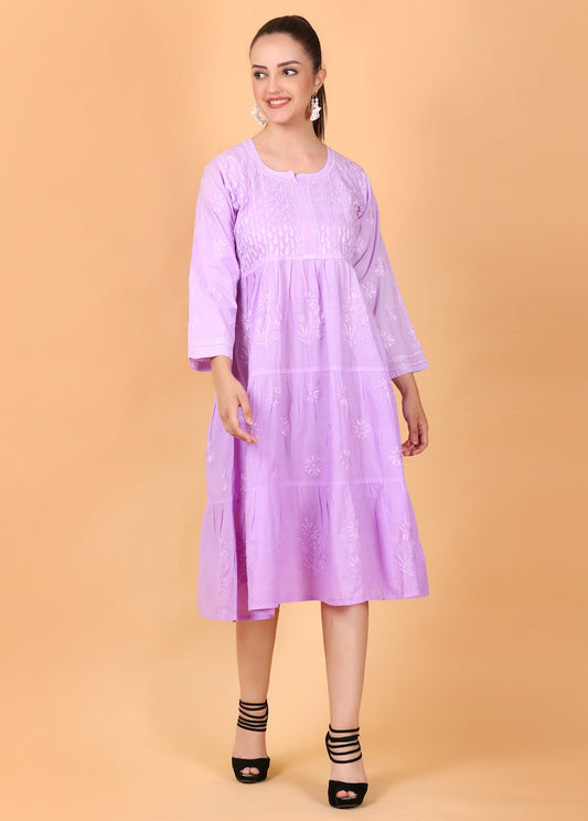 Lilac Chikankari Mulmul Three Layer Frock - Famous Chikankari