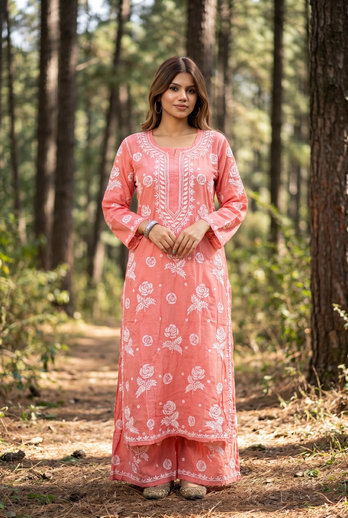 Rosy Muslin Chikankari Kurti Plazo Sets