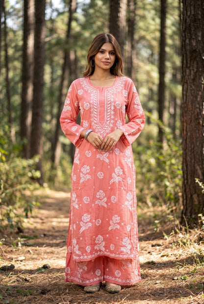 Rosy Muslin Chikankari Kurti Plazo Sets - Famous Chikankari