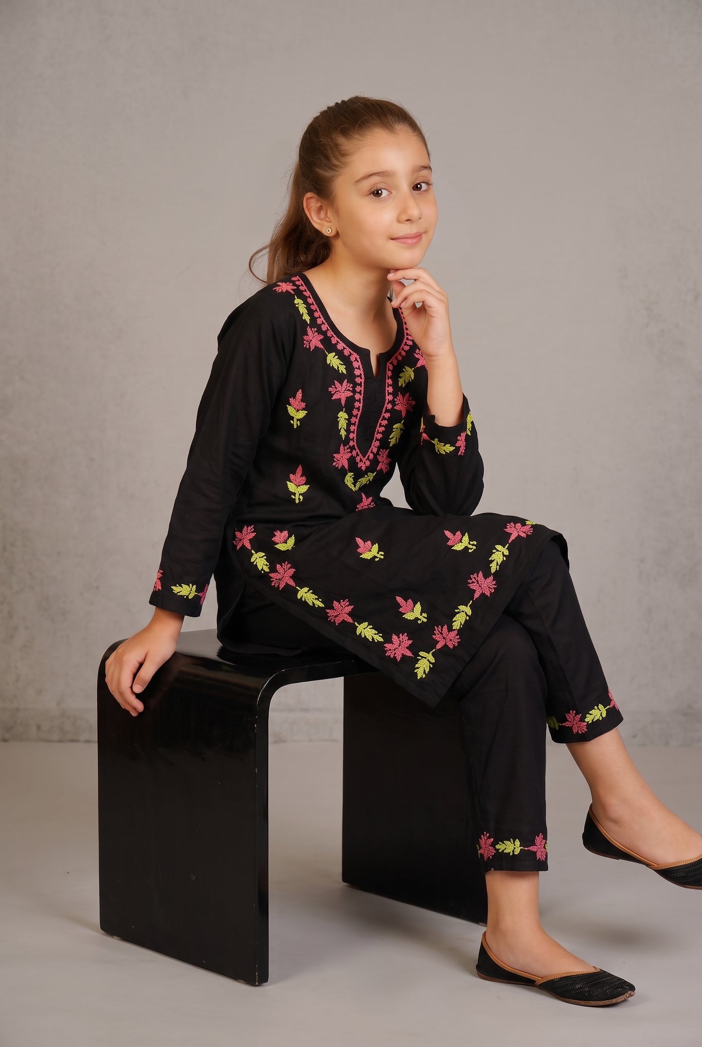 Little Jasmin - Black Dual Coloured Chikankari Embroidered Kidswear Set