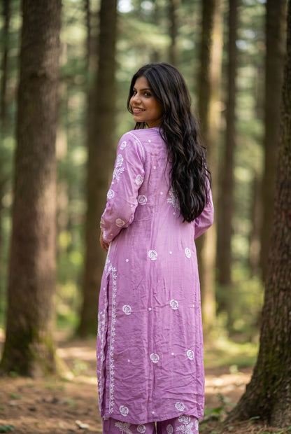 Rosy Muslin Chikankari Kurti Plazo Sets - Famous Chikankari