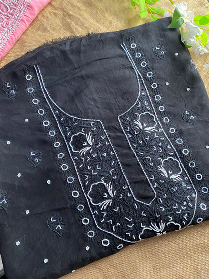 Siyah Noor (سیاہ نور)Muslin Chikankari Unstiched Kurta Dupatta - Famous Chikankari