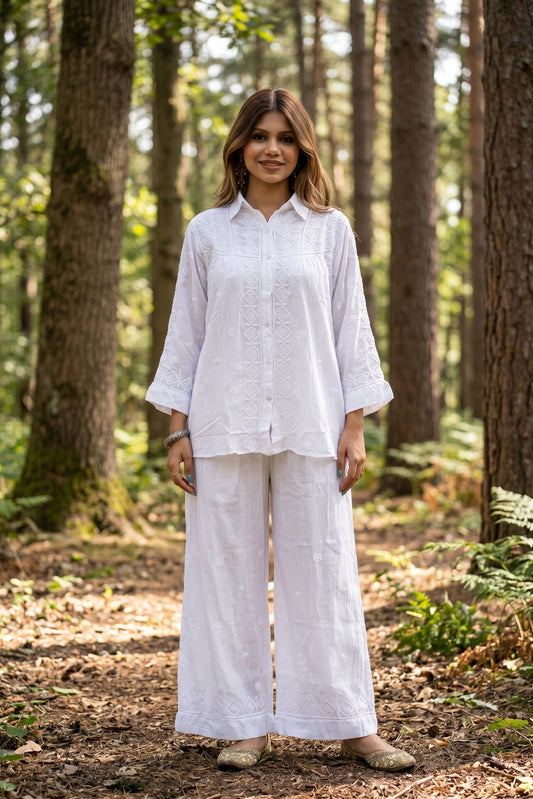 Nimra White Muslin Silk Chikankari Co-Ord Set - Famous Chikankari