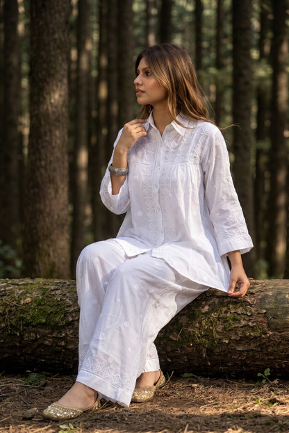 Nimra White Muslin Silk Chikankari Co-Ord Set - Famous Chikankari