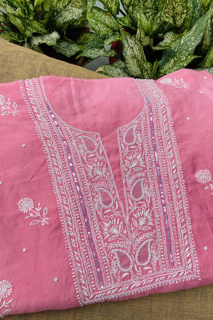 Mahjabeen (ماہ جبیں) Muslin Chikankari Unstiched Kurta Dupatta | Carrot Pink - Famous Chikankari