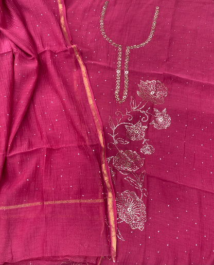 Roohani –  Magenta Pink Handcrafted Unstitched Mukaish Kurta Dupatta Set