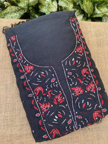 Black Mul Chanderi Chikankari Unstitched Dress Material - Famous Chikankari