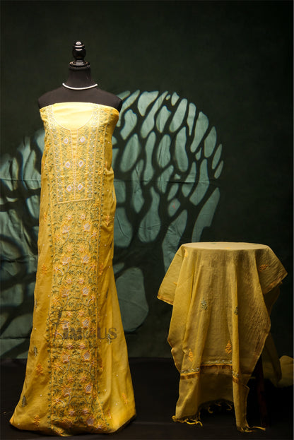 Zunaira Mul Chanderi – Unstitched Lemon Yellow Chikankari & Pearl Work Full Set