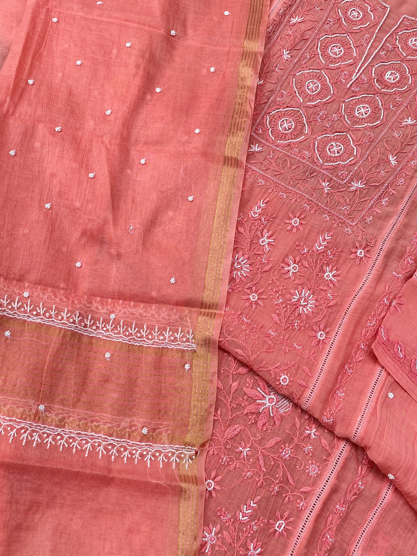Jashn Handcrafted Chikankari Semi Stiched Kurta Dupatta Set | Peach