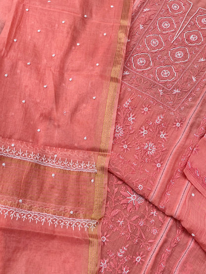 Jashn Handcrafted Chikankari Semi Stiched Kurta Dupatta Set | Peach - Famous Chikankari