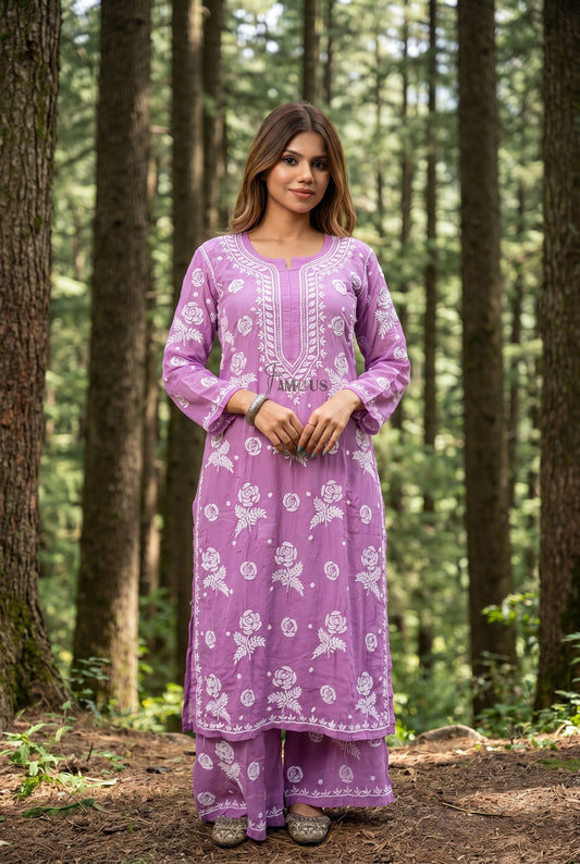 Rosy Muslin Chikankari Kurti Plazo Sets - Famous Chikankari
