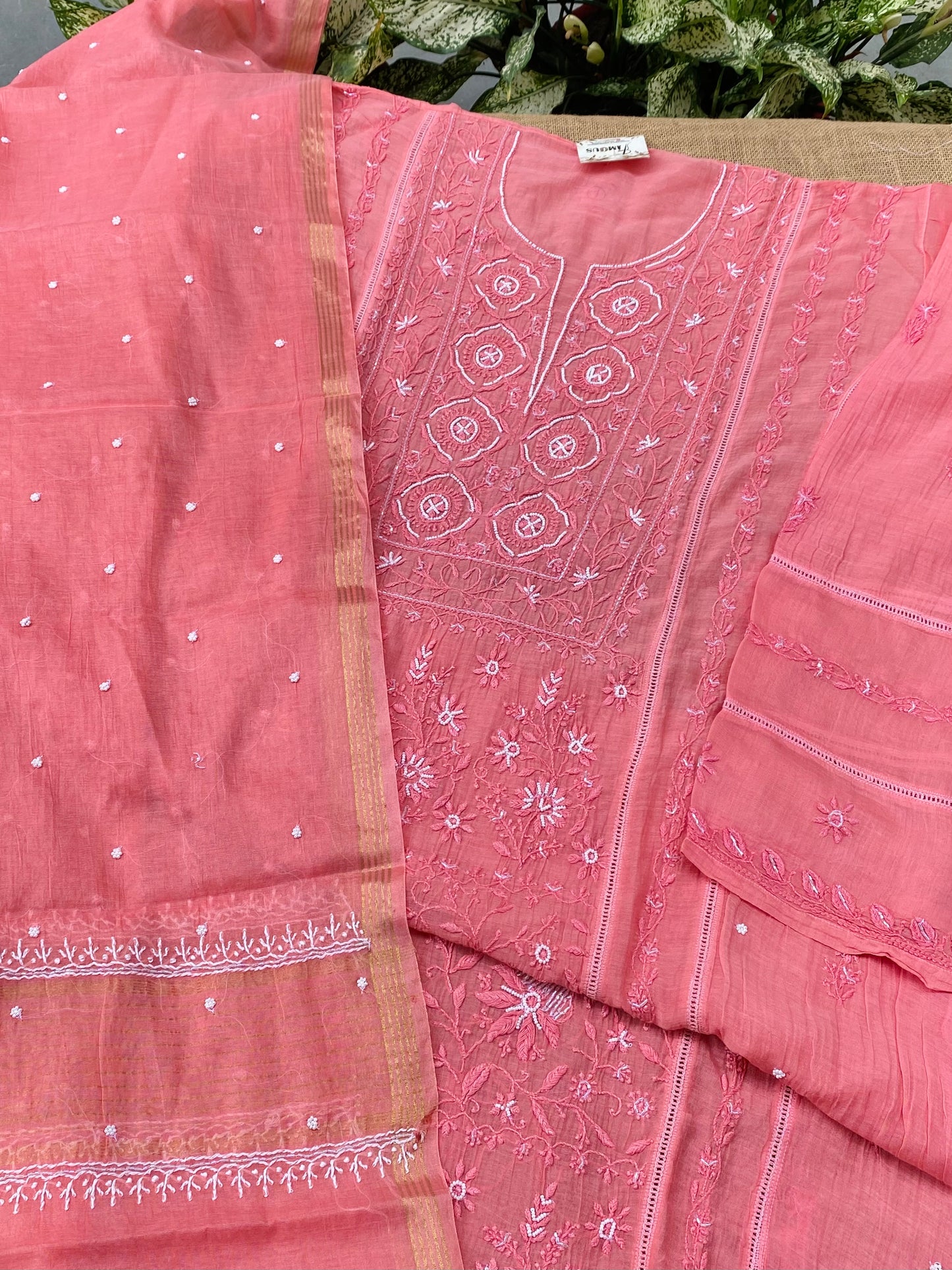 Jashn Handcrafted Chikankari Semi Stiched Kurta Dupatta Set | Peach
