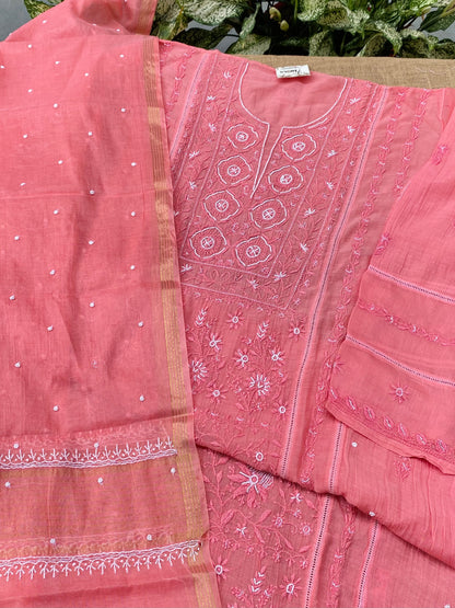 Jashn Handcrafted Chikankari Semi Stiched Kurta Dupatta Set | Peach - Famous Chikankari