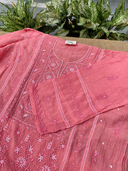 Jashn Handcrafted Chikankari Semi Stiched Kurta Dupatta Set | Peach - Famous Chikankari