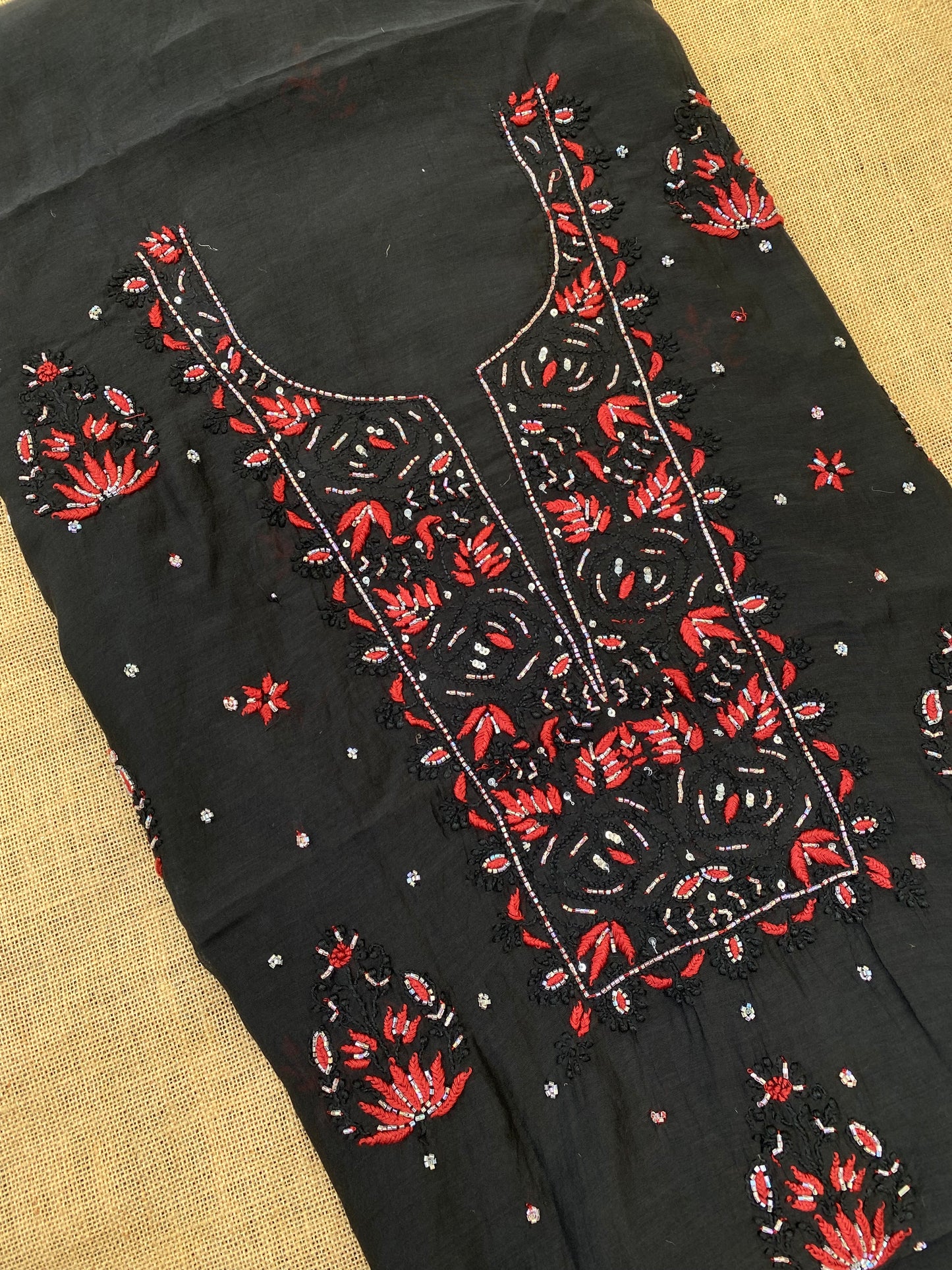 Black Mul Chanderi Chikankari Unstitched Dress Material