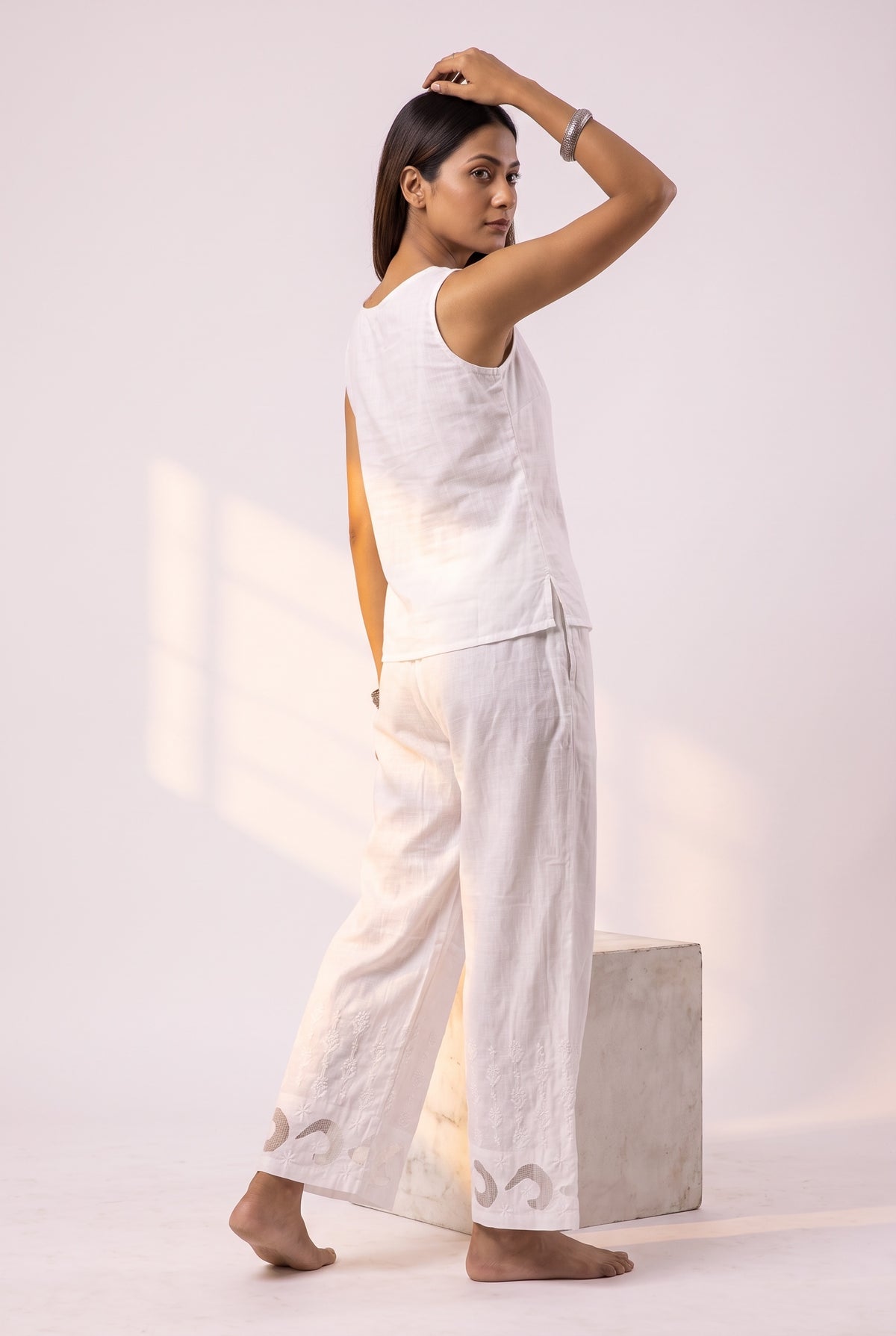 Off-White Cotton Linen Chikankari Palazzo