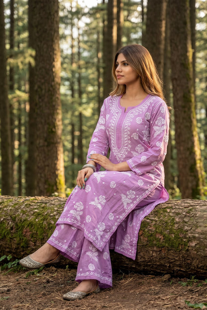 Rosy Muslin Chikankari Kurti Plazo Sets - Famous Chikankari