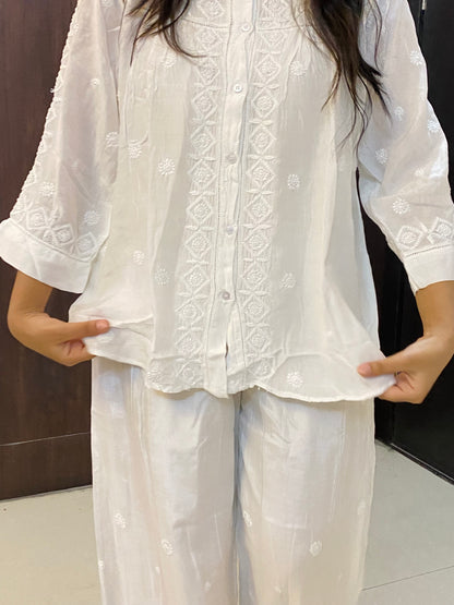 Nimra White Muslin Silk Chikankari Co-Ord Set - Famous Chikankari
