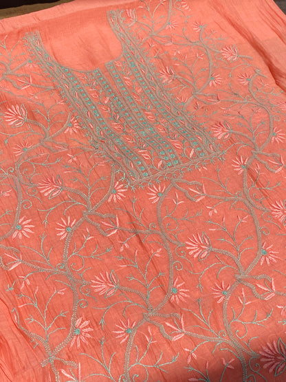 Peach Chikankari Jaalwork Mul Chanderi Unstiched Dress - Famous Chikankari