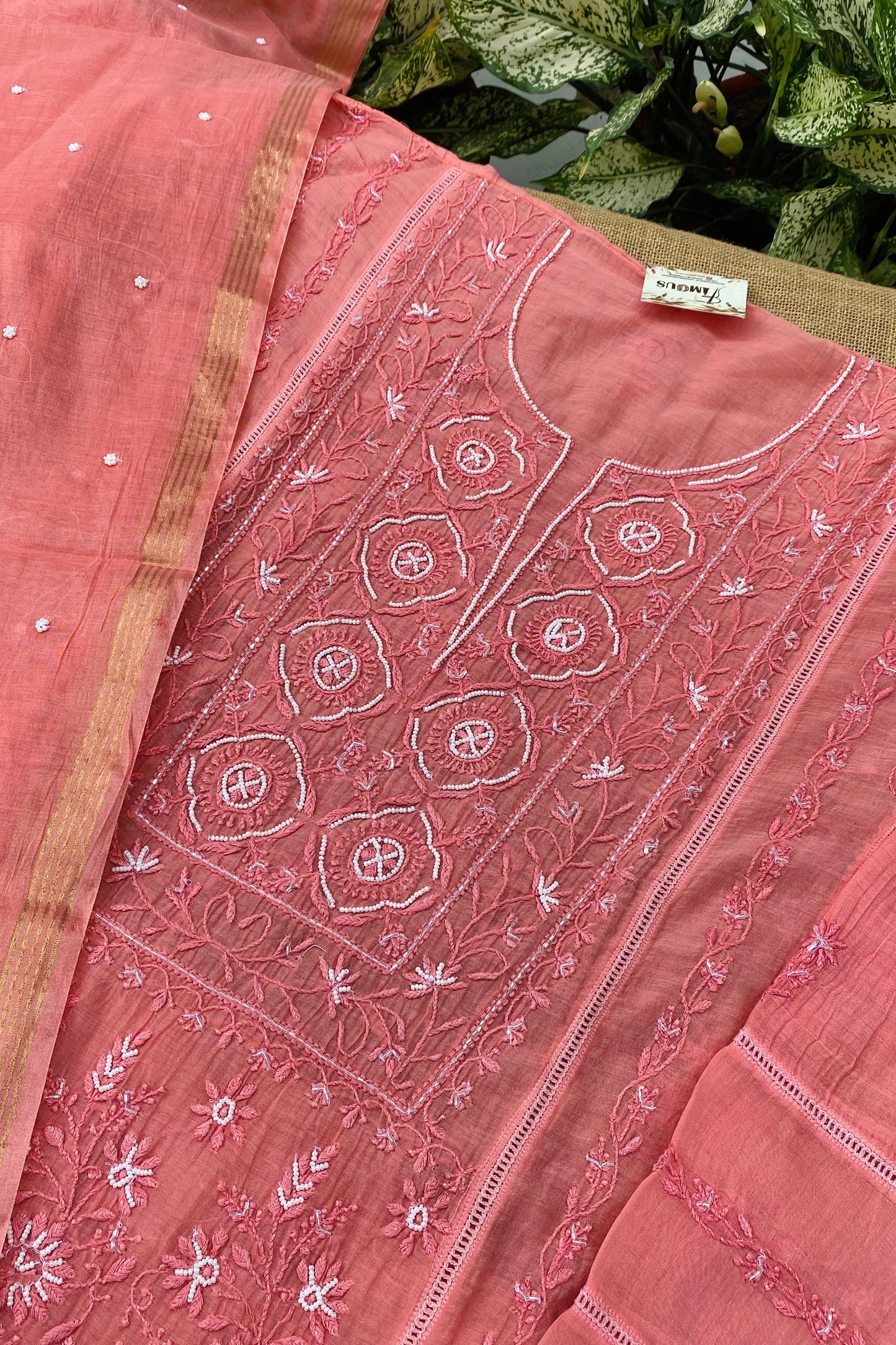 Jashn Handcrafted Chikankari Semi Stiched Kurta Dupatta Set | Peach