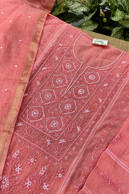Jashn Handcrafted Chikankari Semi Stiched Kurta Dupatta Set | Peach - Famous Chikankari