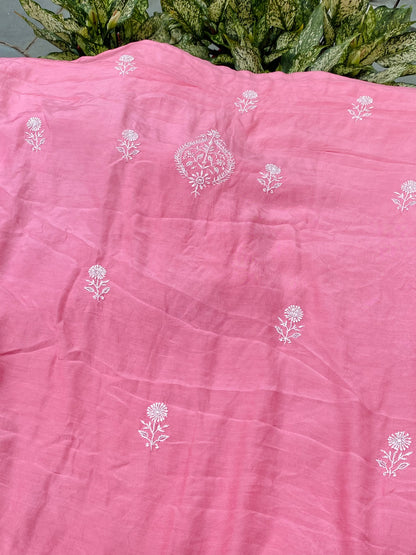 Mahjabeen (ماہ جبیں) Muslin Chikankari Unstiched Kurta Dupatta | Carrot Pink - Famous Chikankari