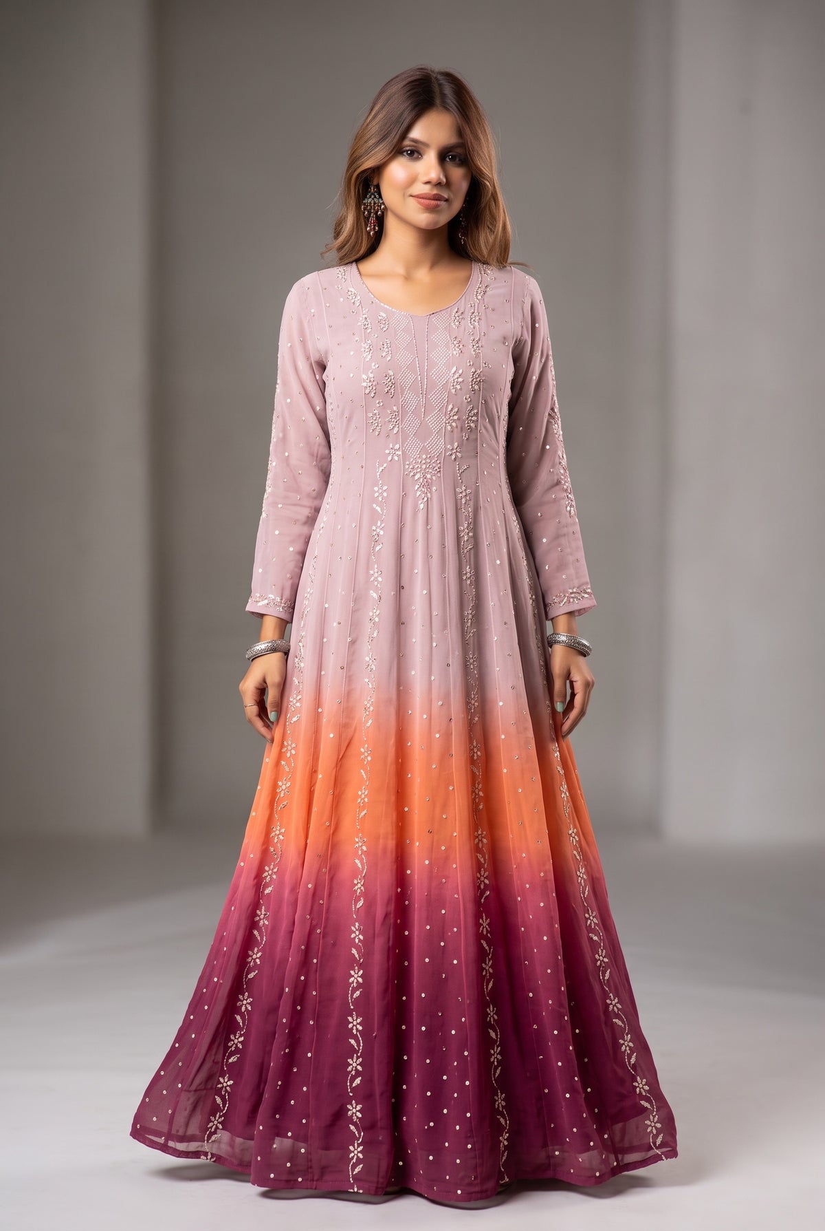 Noor e Mehfil - Semi-Stitched Tri-Colour Mukaish Anarkali with Dupatta