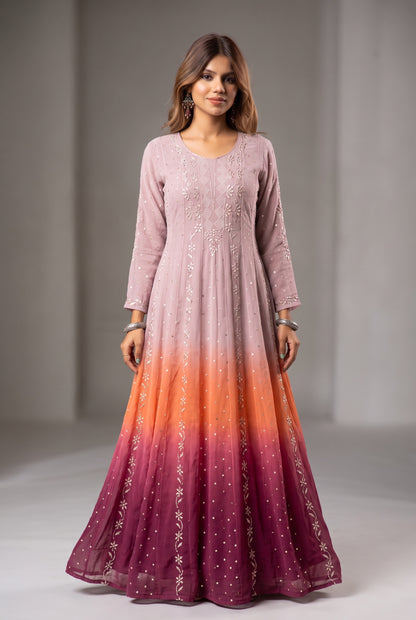 Noor e Mehfil - Semi-Stitched Tri-Colour Mukaish Anarkali with Dupatta