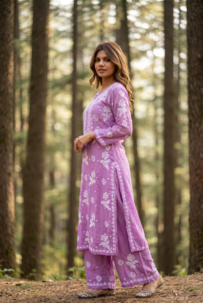 Rosy Muslin Chikankari Kurti Plazo Sets - Famous Chikankari