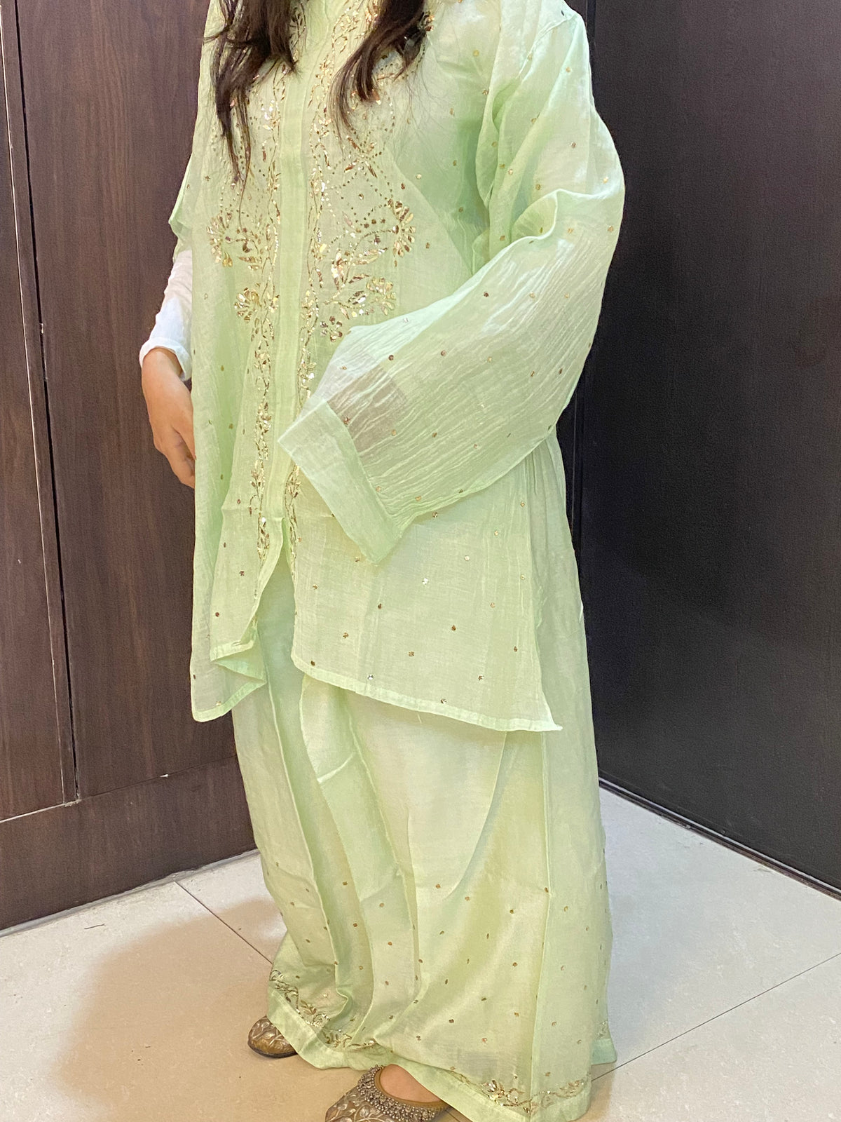 Roohani Pittawork Mukaish Semi Stiched Coord Set - Famous Chikankari
