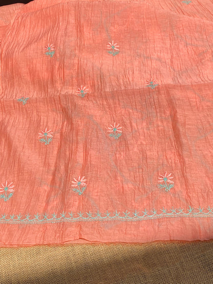 Peach Chikankari Jaalwork Mul Chanderi Unstiched Dress - Famous Chikankari